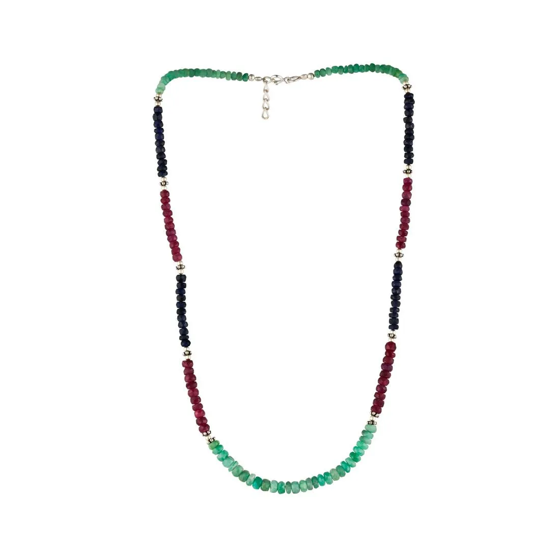 Sterling Silver Ruby Emerald Sapphire Gemstone Beaded Strand Necklace