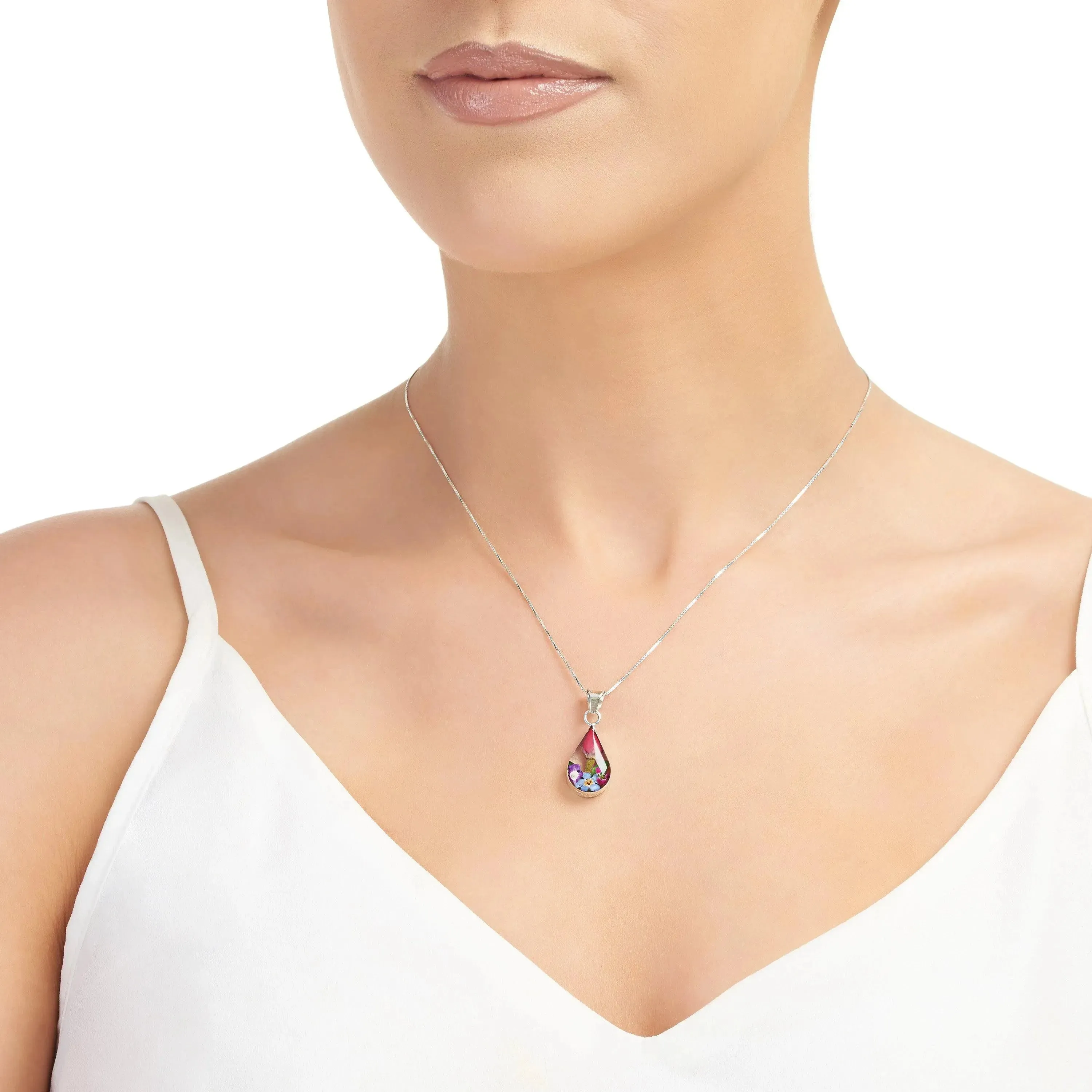 Sterling Silver Teardrop Necklace with Real Flowers - Shrieking Violet®
