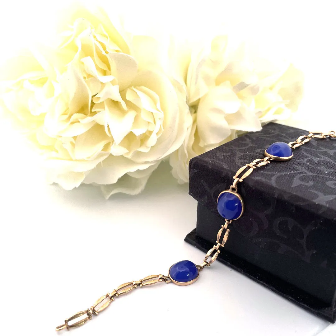 Stunning 14K Yellow Gold Blue Agate Bracelet