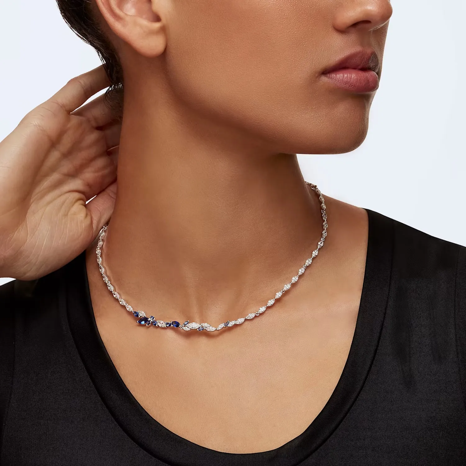 Swarovski Louison All-Around necklace Leaf, Blue, Rhodium plated -5536547