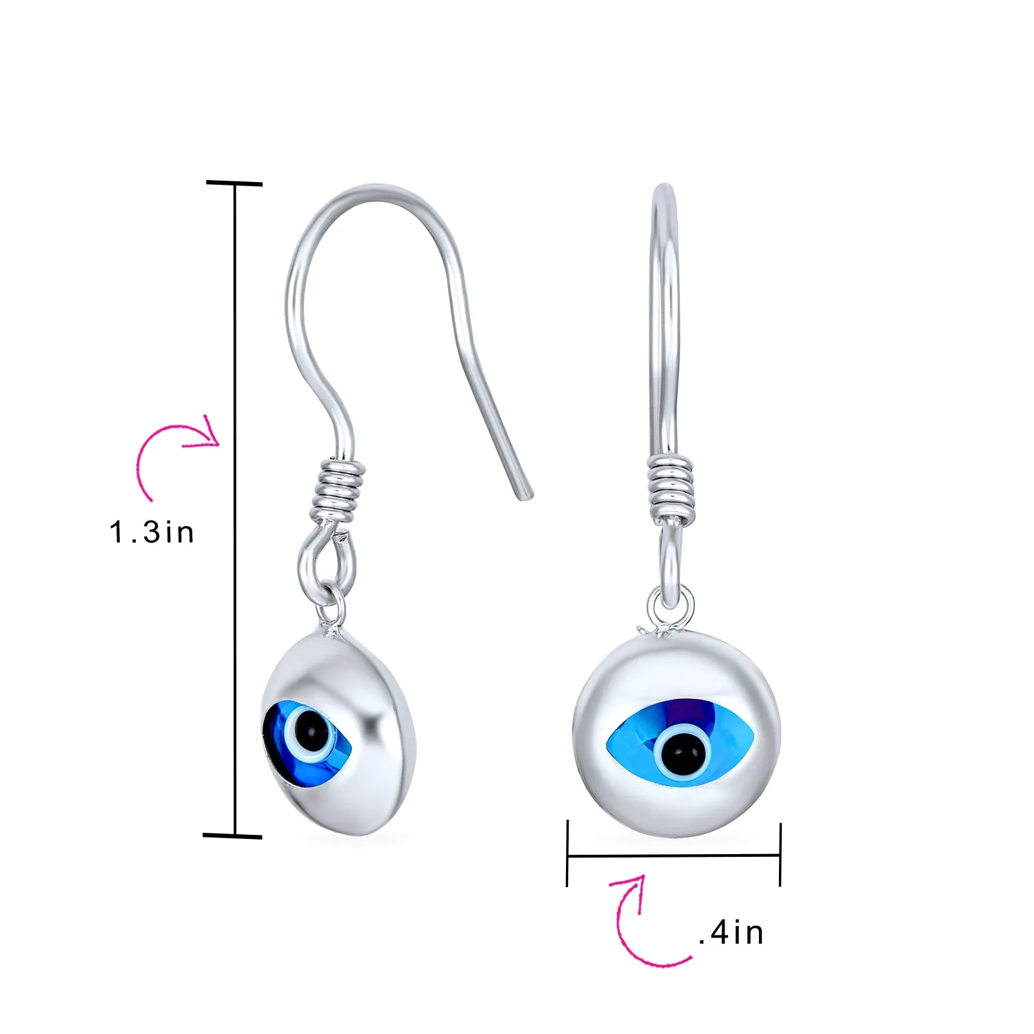 Turkish Blue Evil Eye Round Dangling Earrings .925Sterling Silver