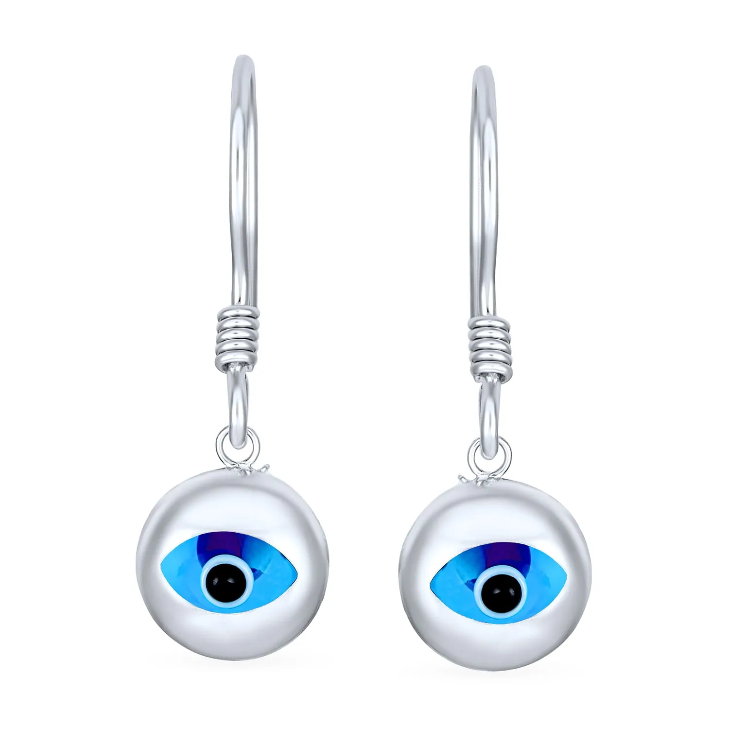 Turkish Blue Evil Eye Round Dangling Earrings .925Sterling Silver