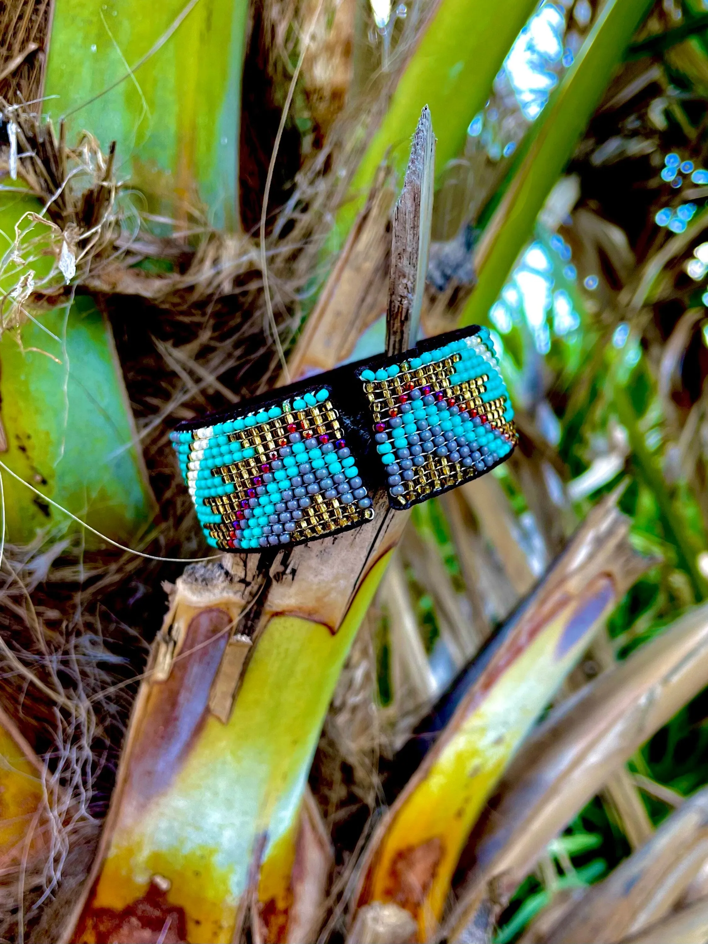Turquoise/Gold Leather Cuff Bracelet (M)
