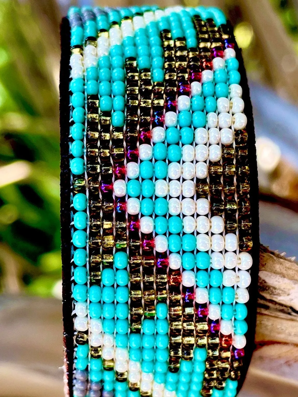 Turquoise/Gold Leather Cuff Bracelet (M)