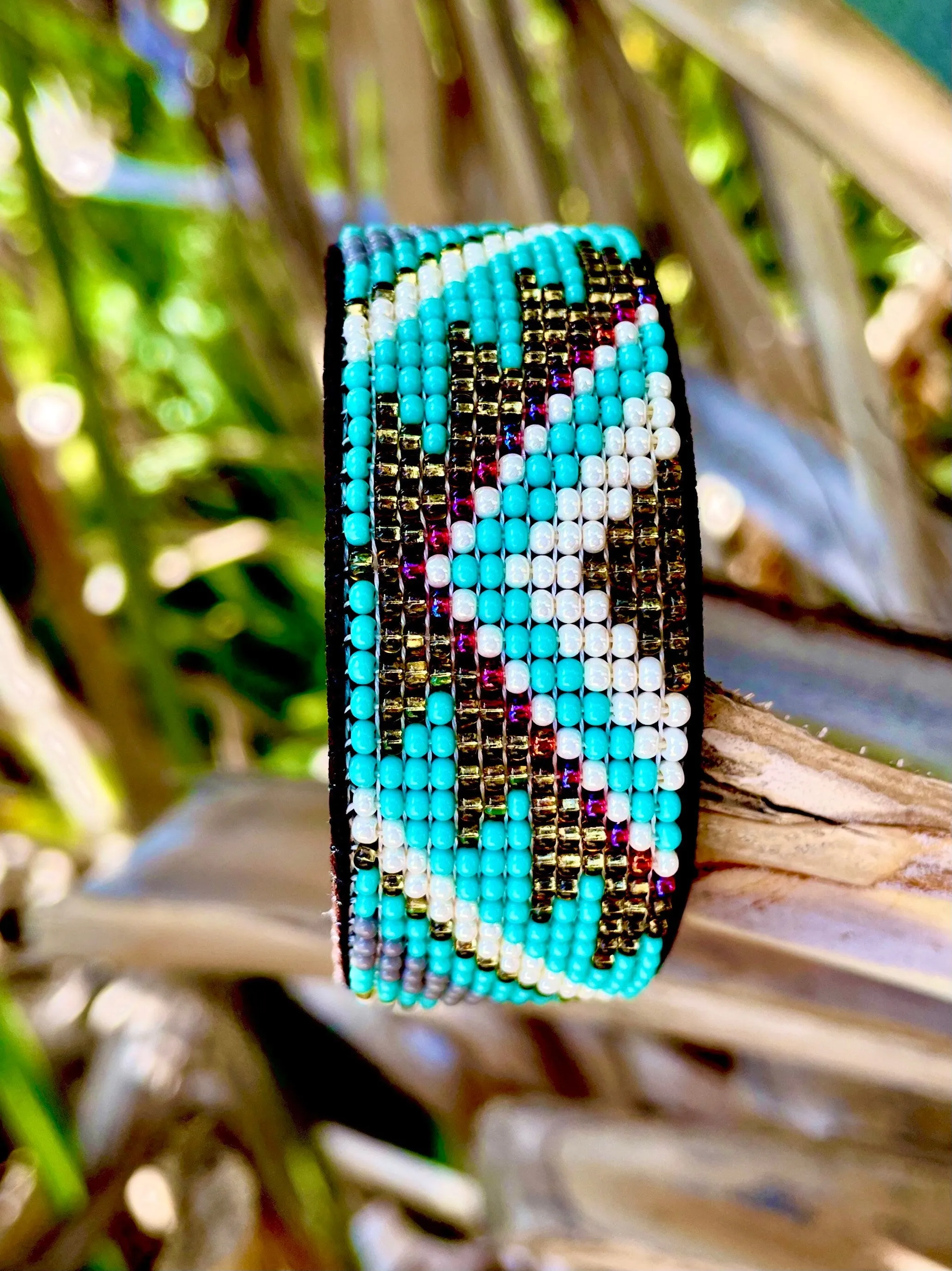 Turquoise/Gold Leather Cuff Bracelet (M)