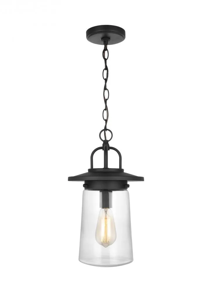 Tybee traditional 1-light outdoor exterior pendant in black finish with clear glass shade
