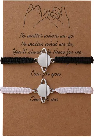 Valentine Link Bracelets for Women Men Saturn Bracelet Stainless Steel Handmade Bracelet for Couple with A Blessing Card Couples Gifts for Boyfriend Girlfriend (Silver, One Size)