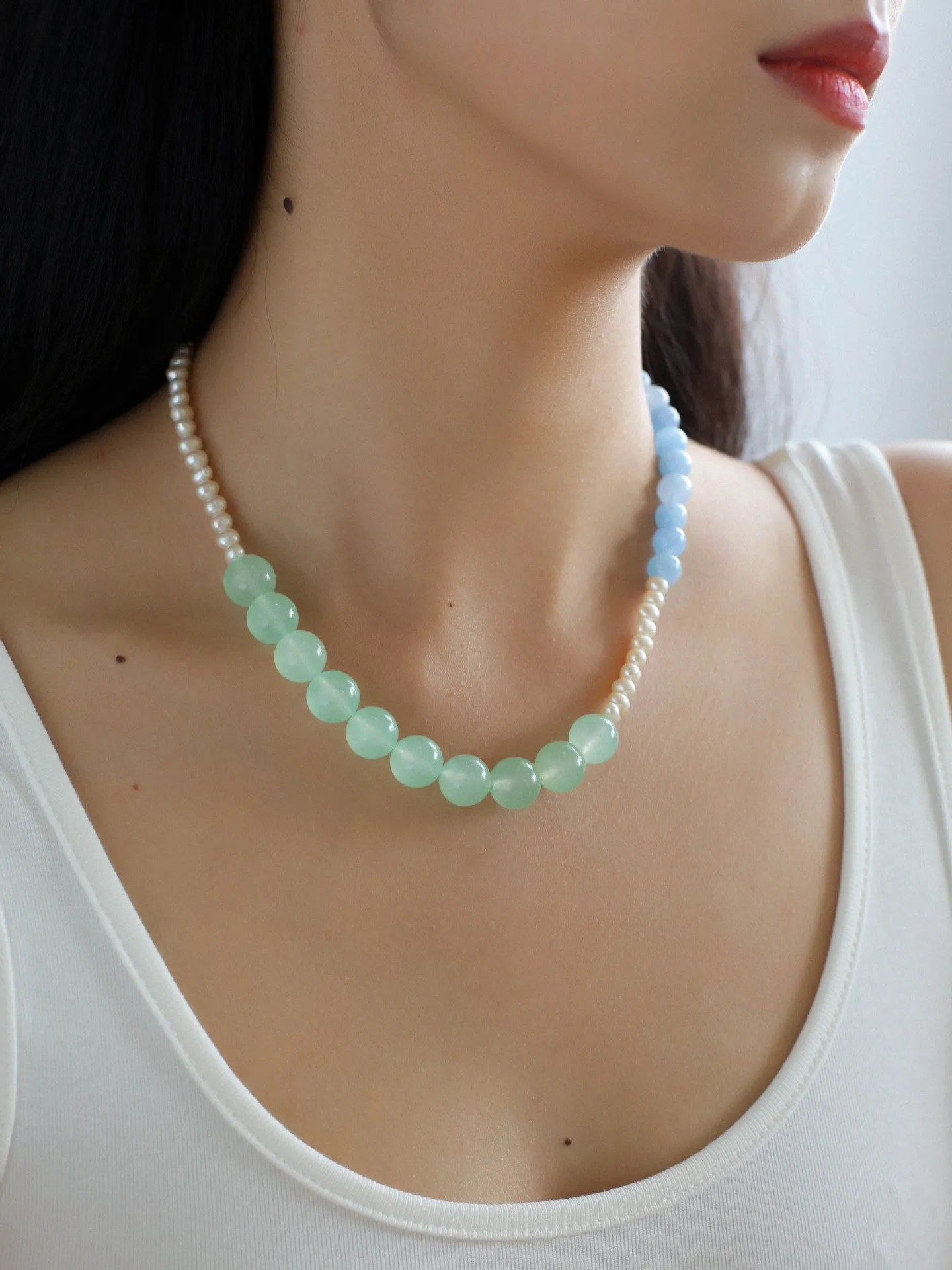 Vibrant Multicolored Gemstone and Pearl Beaded Necklace-Blue Green Necklace