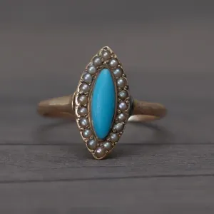 Victorian Rose Gold Turquoise and Seed Pearl Navette Ring