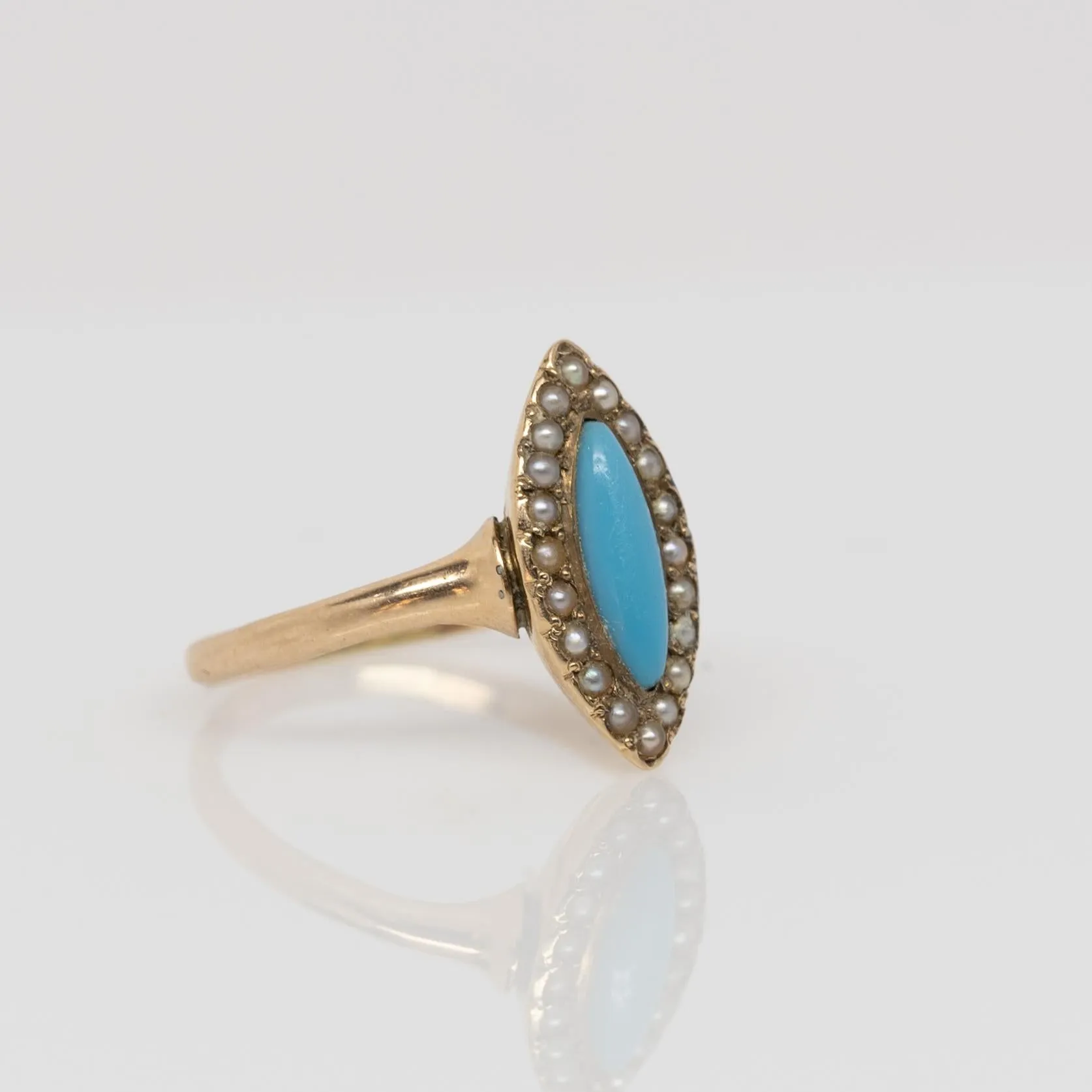 Victorian Rose Gold Turquoise and Seed Pearl Navette Ring