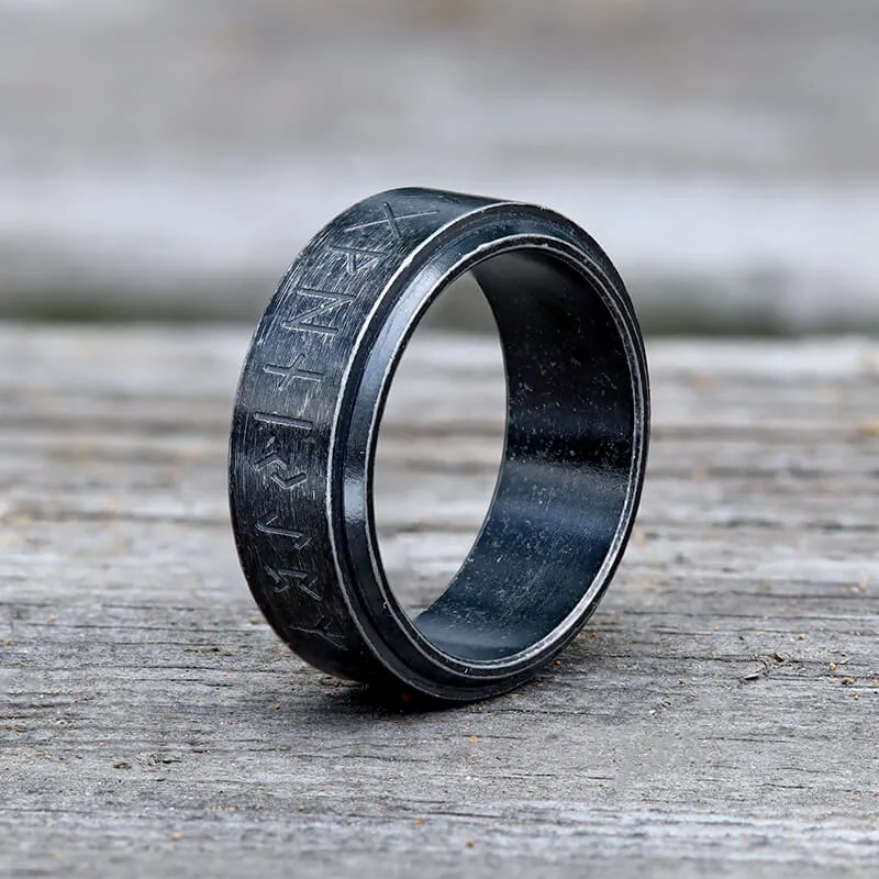 Viking Runes Carved Stainless Steel Spinner Ring