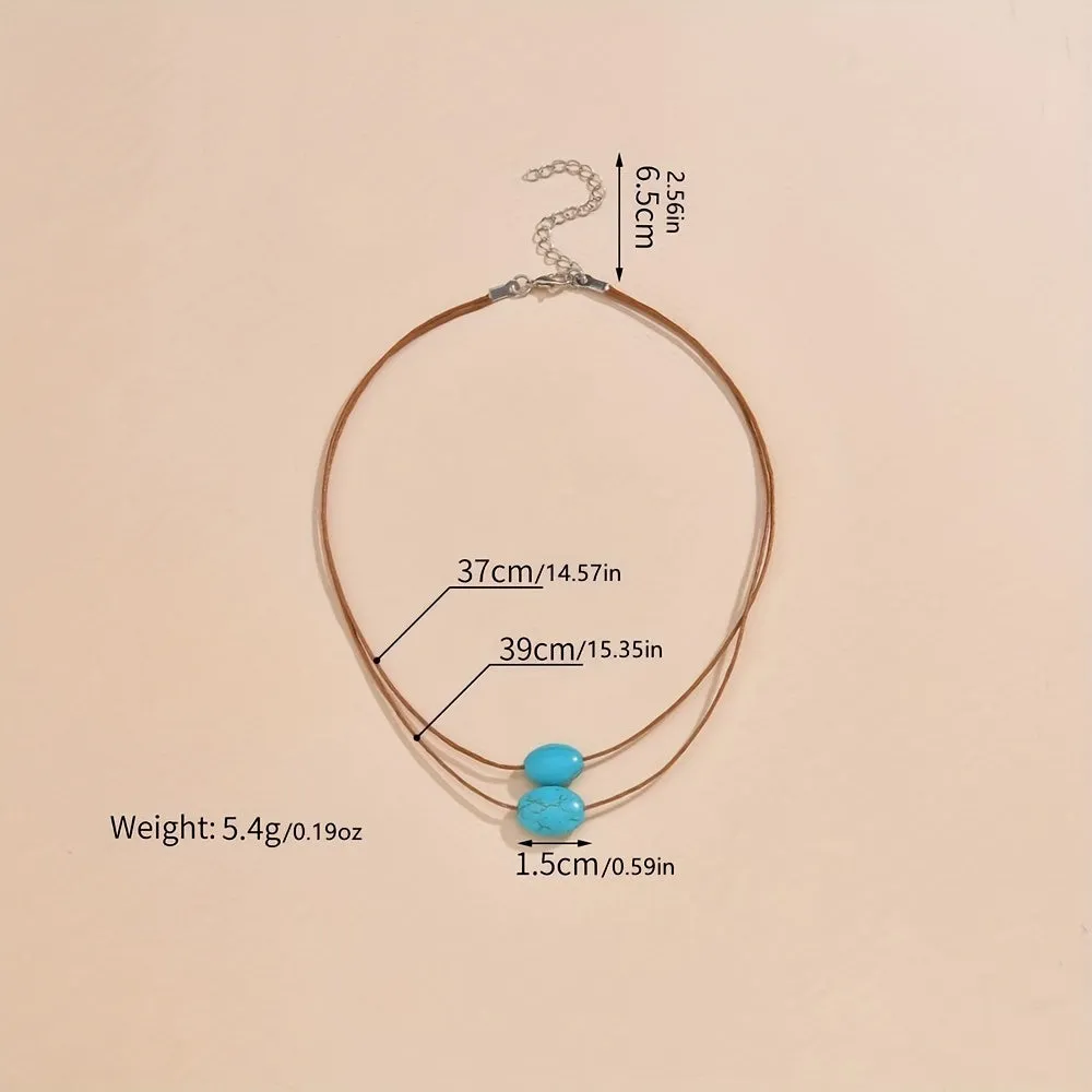 Vintage Turquoise Pendant Double Layer Necklace for Women