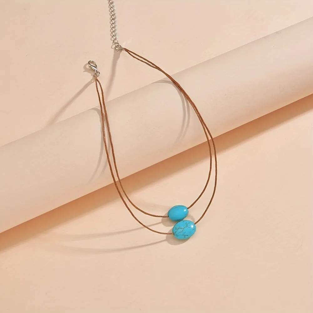 Vintage Turquoise Pendant Double Layer Necklace for Women