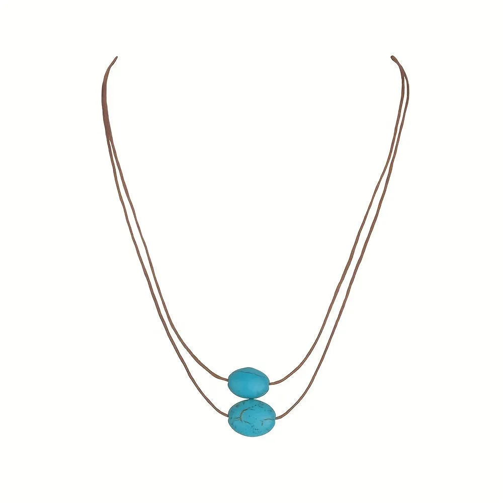 Vintage Turquoise Pendant Double Layer Necklace for Women