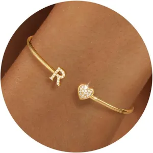 WFYOU Gold Initial Bracelets for Women Non Tarnish Dainty 14k Gold Plated Heart Initial Bracelet Letter A-Z Personalized Adjustable Bangle Bracelets Name Cuff Bracelet Birthday Gifts for Women Jewelry
