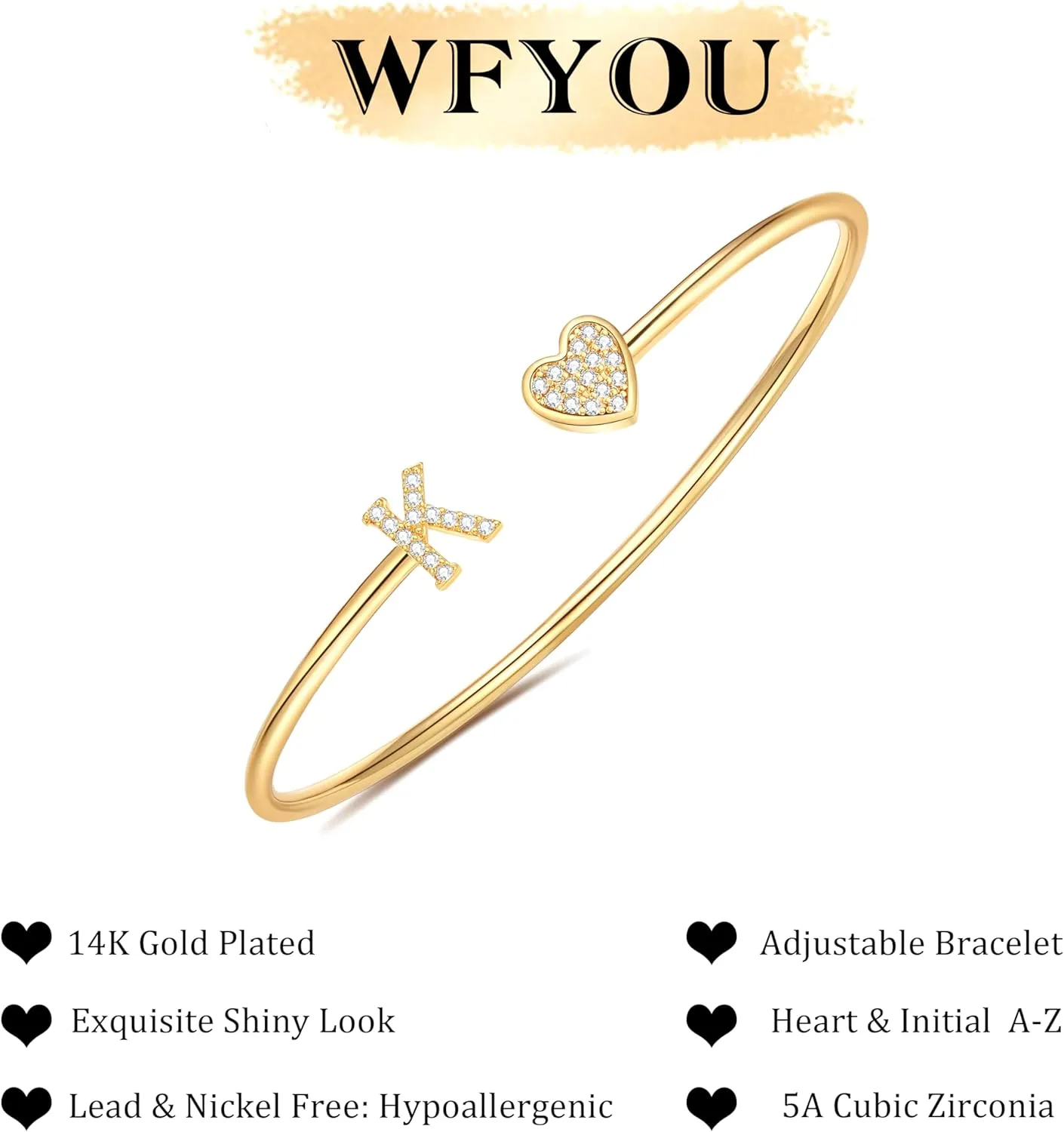 WFYOU Gold Initial Bracelets for Women Non Tarnish Dainty 14k Gold Plated Heart Initial Bracelet Letter A-Z Personalized Adjustable Bangle Bracelets Name Cuff Bracelet Birthday Gifts for Women Jewelry