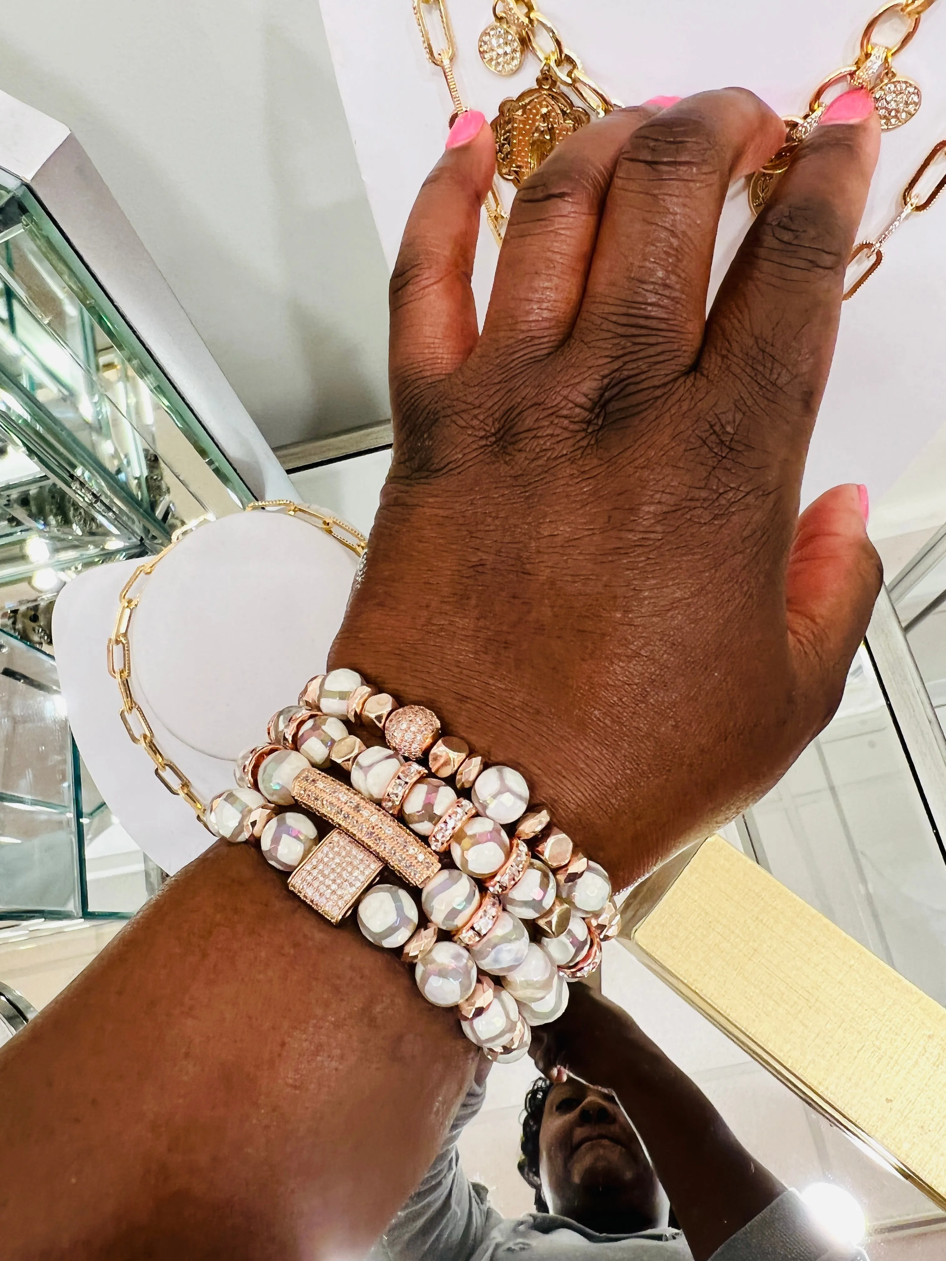 White Glazed Striped Agate & Square Rose Gold Hematite Square Luxury Lifestyle Bracelet