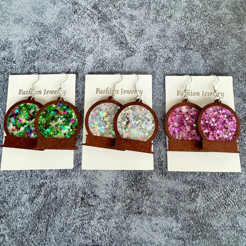 Wholesale Winter Christmas Acrylic Inlaid Wood Imitation Glass Ball Fashionable Earrings