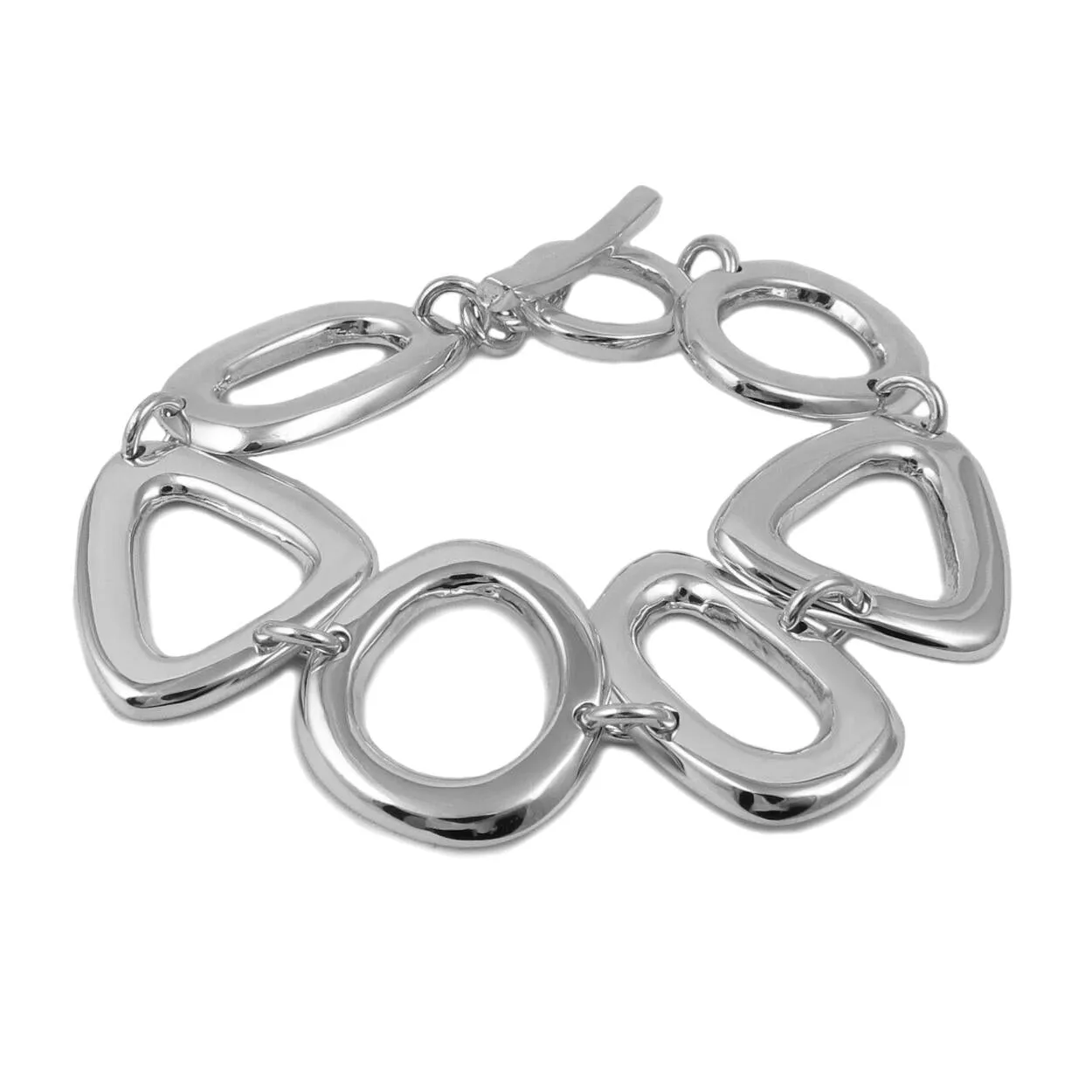 Wide Polished 925 Sterling Silver Circle Triangle Oval Geometric Bracelet