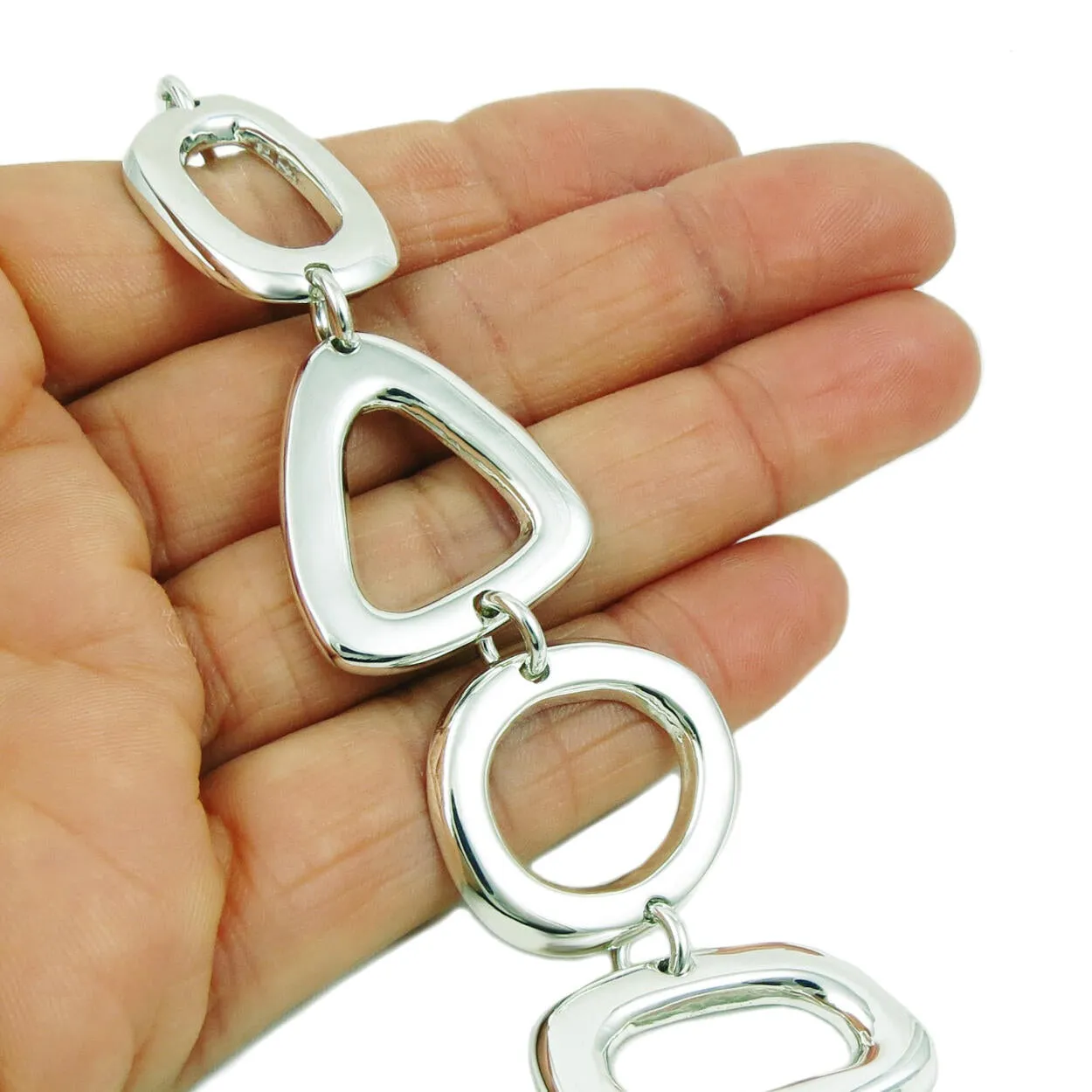 Wide Polished 925 Sterling Silver Circle Triangle Oval Geometric Bracelet