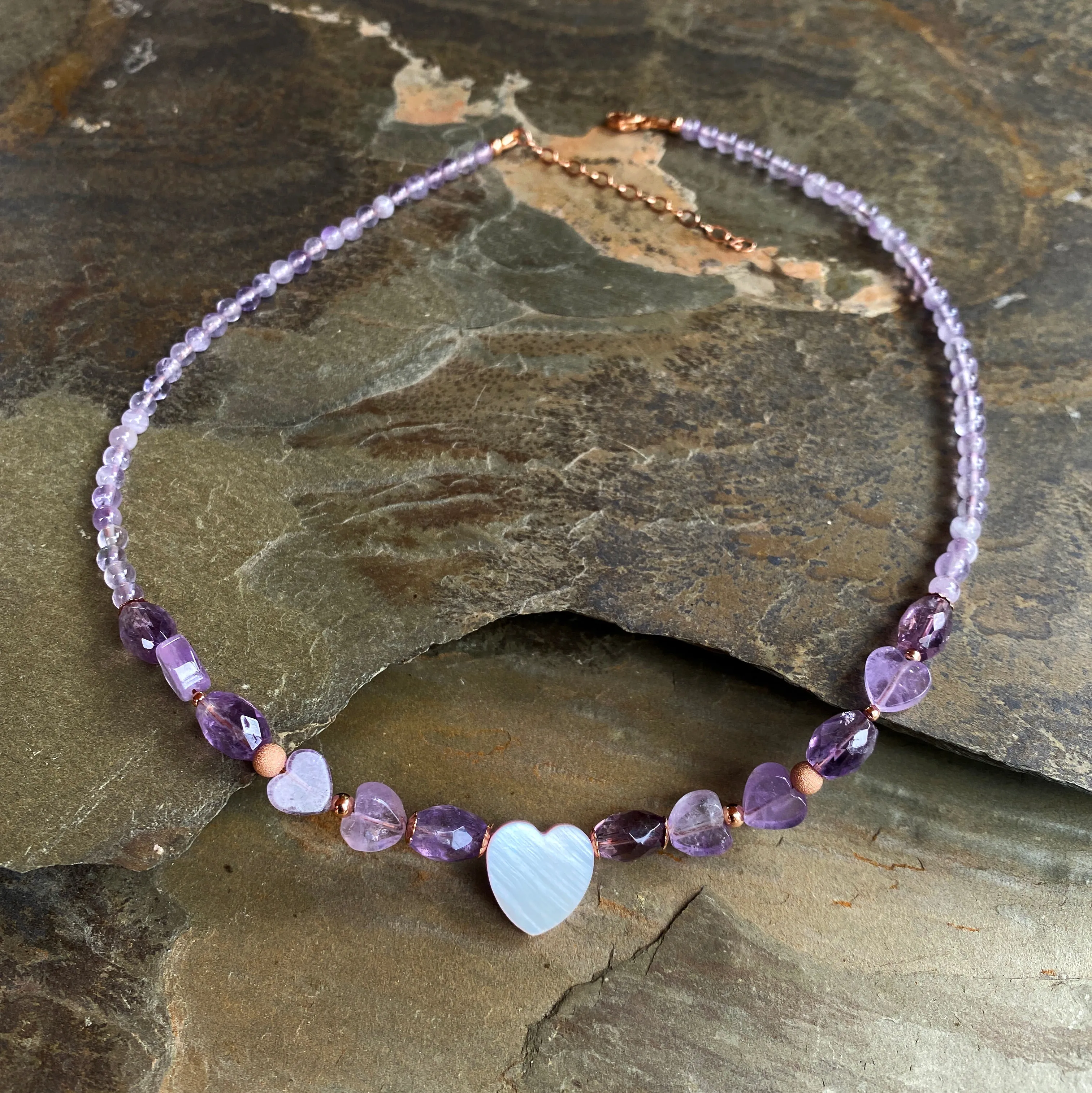 Women’s mother of pearl heart, amethyst, 14 kt rose gold fill necklace