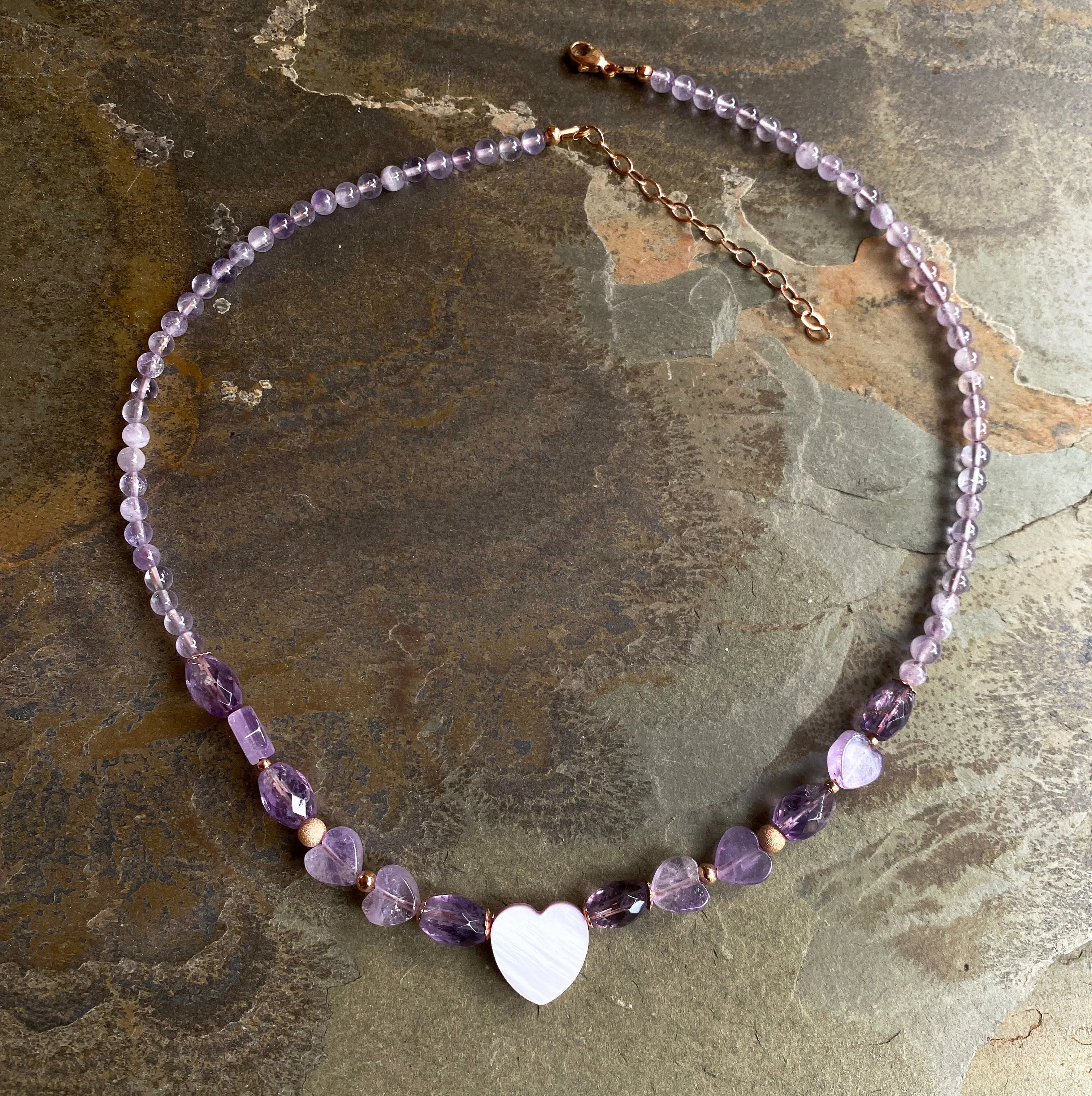 Women’s mother of pearl heart, amethyst, 14 kt rose gold fill necklace