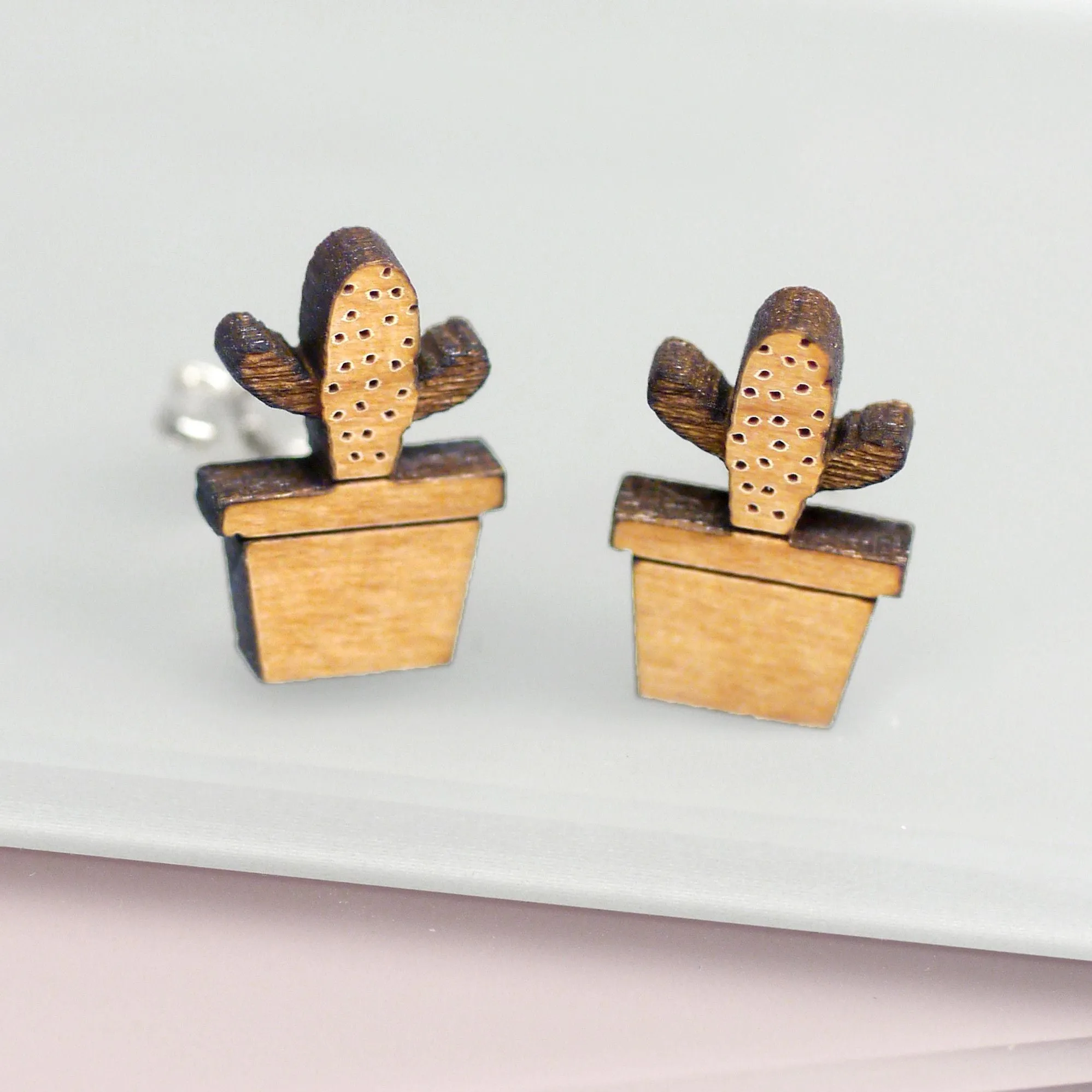 Wooden Cactus Stud Earrings