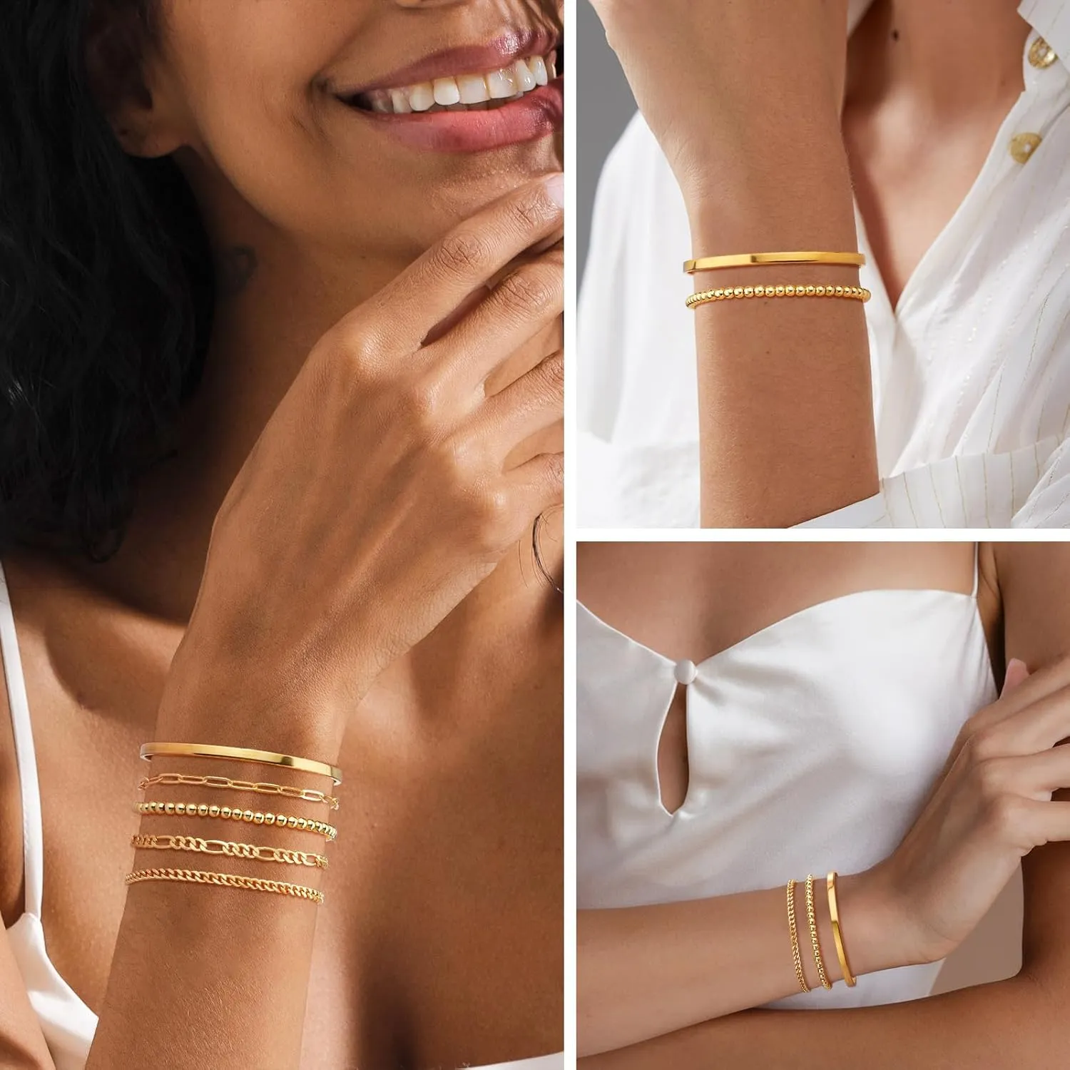 Wowshow Gold Bracelets for Women Bracelet Stack Set 14K Real Gold Plated Link Charm Bracelet Dainty Link Chain Stackable Charm Bracelets Adjustable Bangle Cuff Bracelet Pack Jewelry Gifts for Women