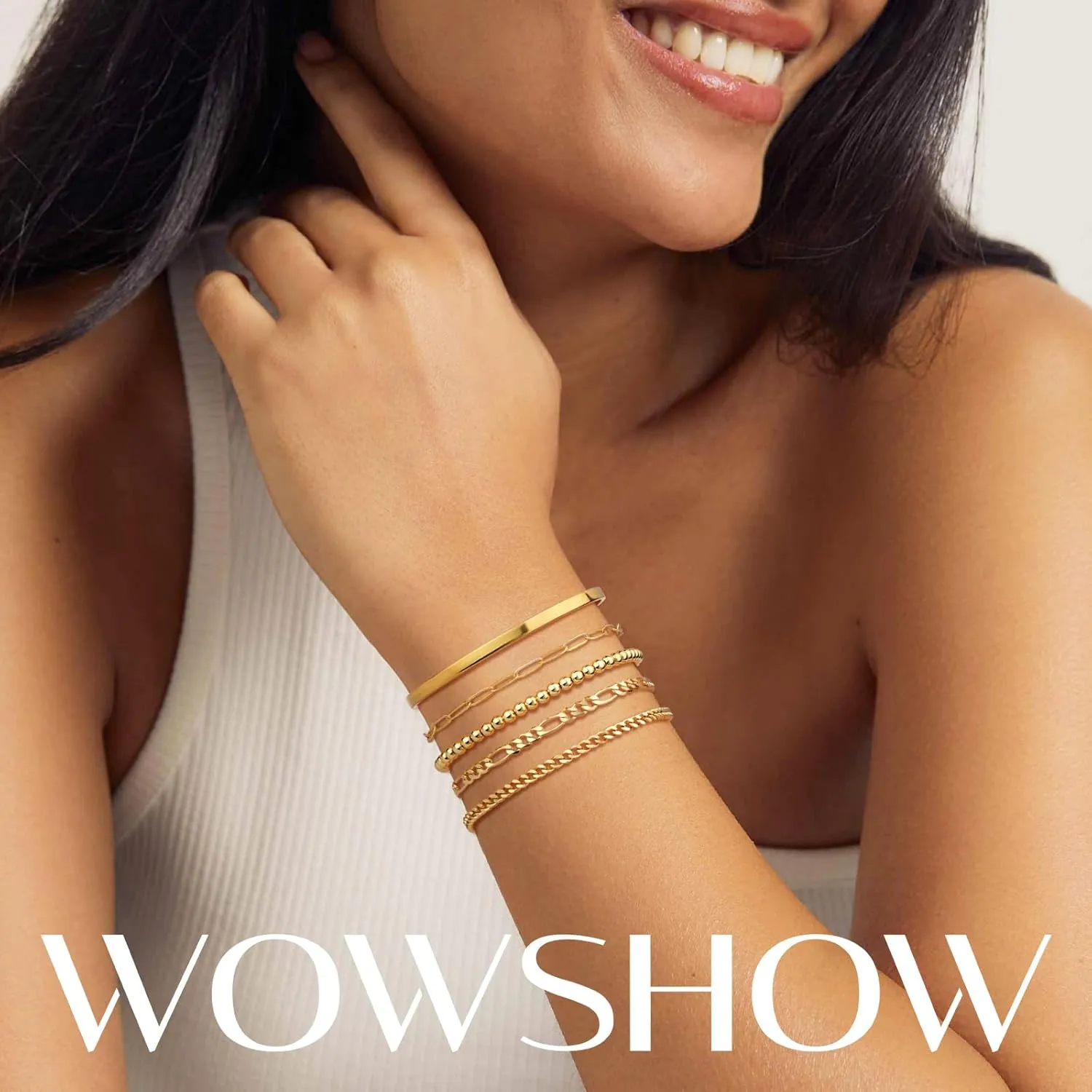 Wowshow Gold Bracelets for Women Bracelet Stack Set 14K Real Gold Plated Link Charm Bracelet Dainty Link Chain Stackable Charm Bracelets Adjustable Bangle Cuff Bracelet Pack Jewelry Gifts for Women