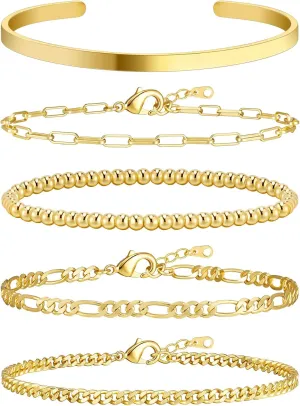 Wowshow Gold Bracelets for Women Bracelet Stack Set 14K Real Gold Plated Link Charm Bracelet Dainty Link Chain Stackable Charm Bracelets Adjustable Bangle Cuff Bracelet Pack Jewelry Gifts for Women