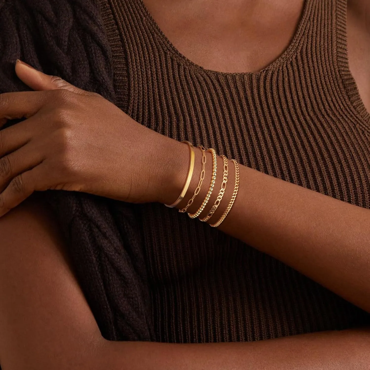 Wowshow Gold Bracelets for Women Bracelet Stack Set 14K Real Gold Plated Link Charm Bracelet Dainty Link Chain Stackable Charm Bracelets Adjustable Bangle Cuff Bracelet Pack Jewelry Gifts for Women