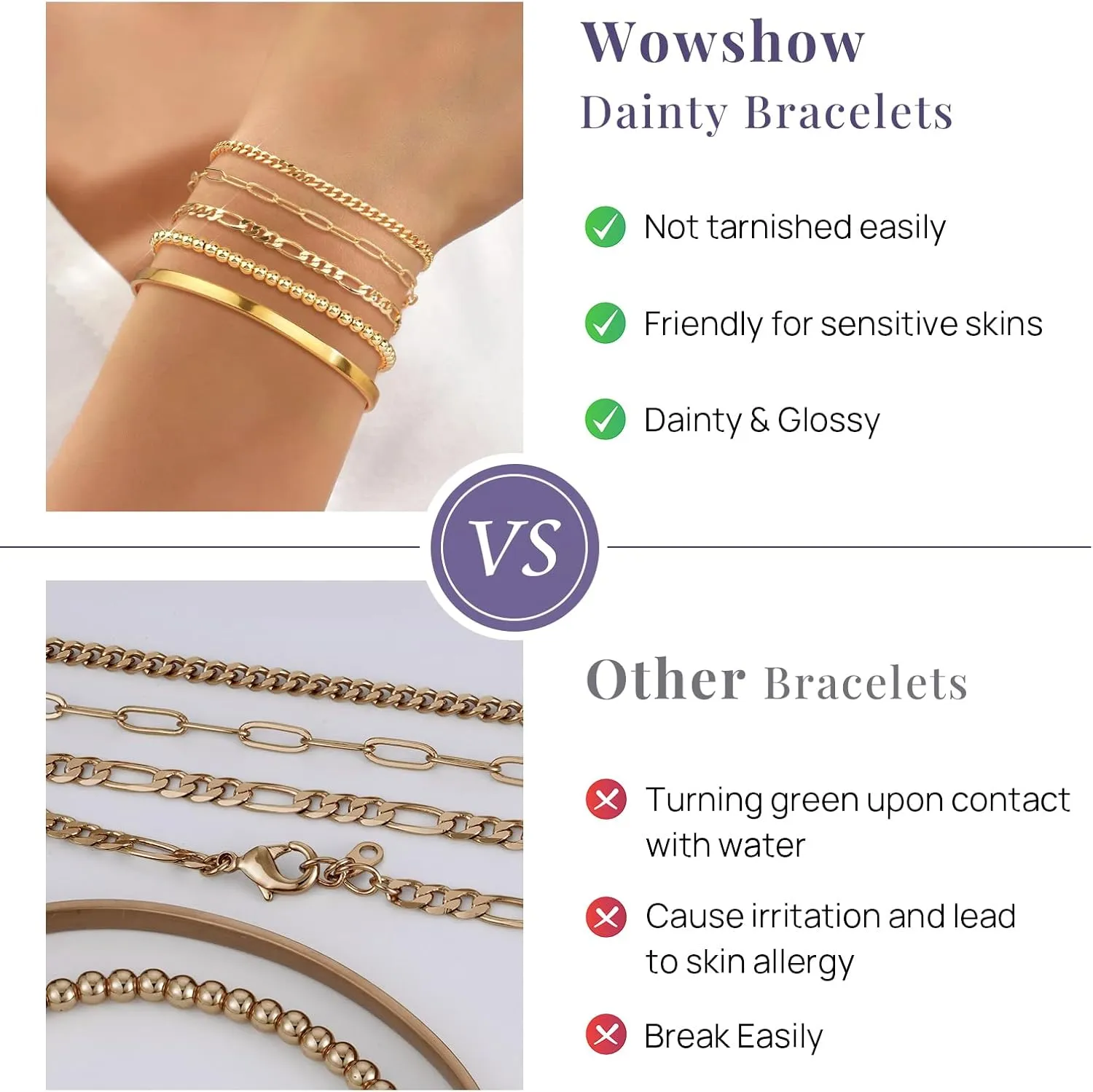 Wowshow Gold Bracelets for Women Bracelet Stack Set 14K Real Gold Plated Link Charm Bracelet Dainty Link Chain Stackable Charm Bracelets Adjustable Bangle Cuff Bracelet Pack Jewelry Gifts for Women