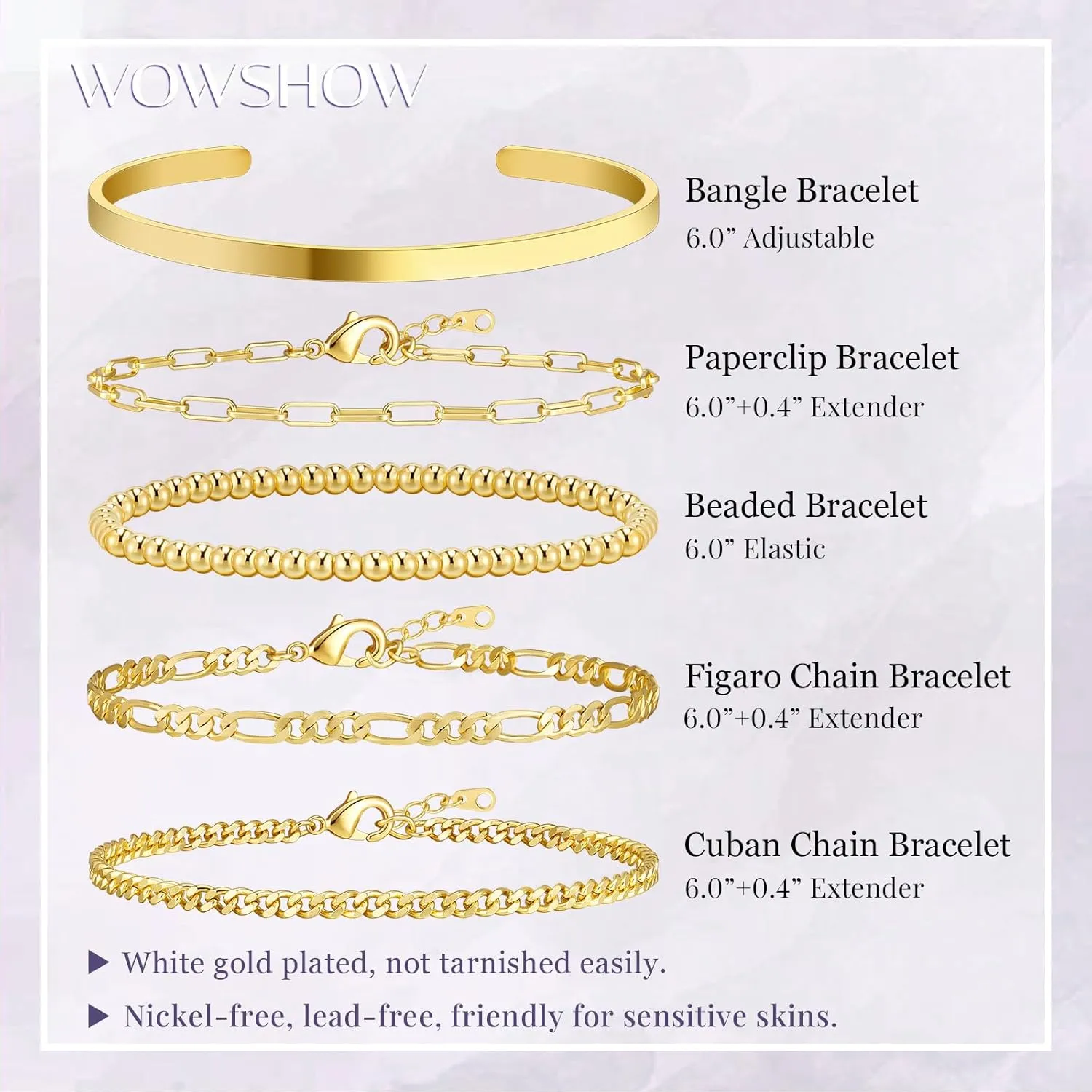 Wowshow Gold Bracelets for Women Bracelet Stack Set 14K Real Gold Plated Link Charm Bracelet Dainty Link Chain Stackable Charm Bracelets Adjustable Bangle Cuff Bracelet Pack Jewelry Gifts for Women