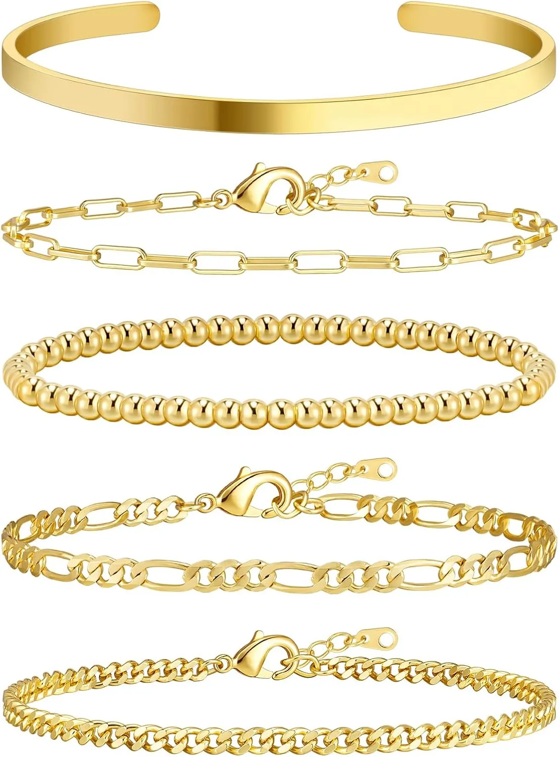 Wowshow Gold Bracelets for Women Bracelet Stack Set 14K Real Gold Plated Link Charm Bracelet Dainty Link Chain Stackable Charm Bracelets Adjustable Bangle Cuff Bracelet Pack Jewelry Gifts for Women