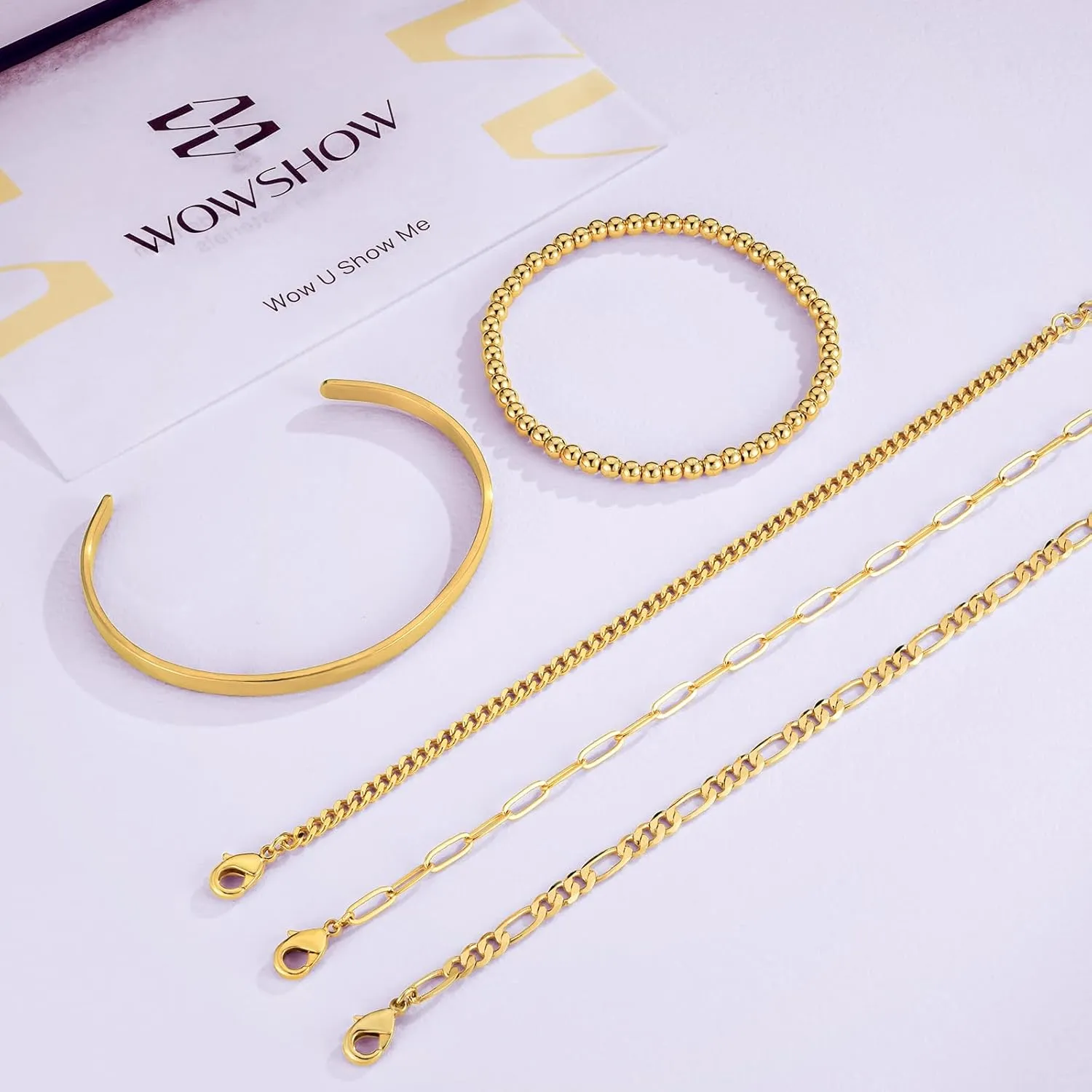 Wowshow Gold Bracelets for Women Bracelet Stack Set 14K Real Gold Plated Link Charm Bracelet Dainty Link Chain Stackable Charm Bracelets Adjustable Bangle Cuff Bracelet Pack Jewelry Gifts for Women