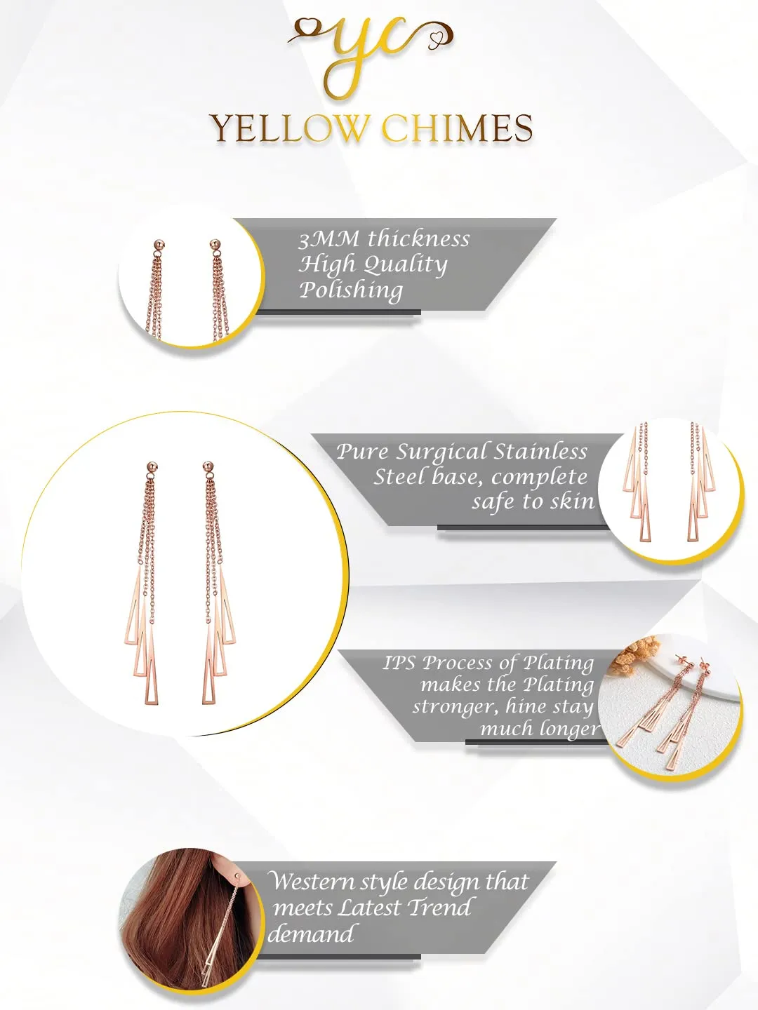 Yellow Chimes Long Earrings for Women Western Rose Gold Plated Stainless Steel Geometric Long Chain Danglers Earrings For Women and Girls