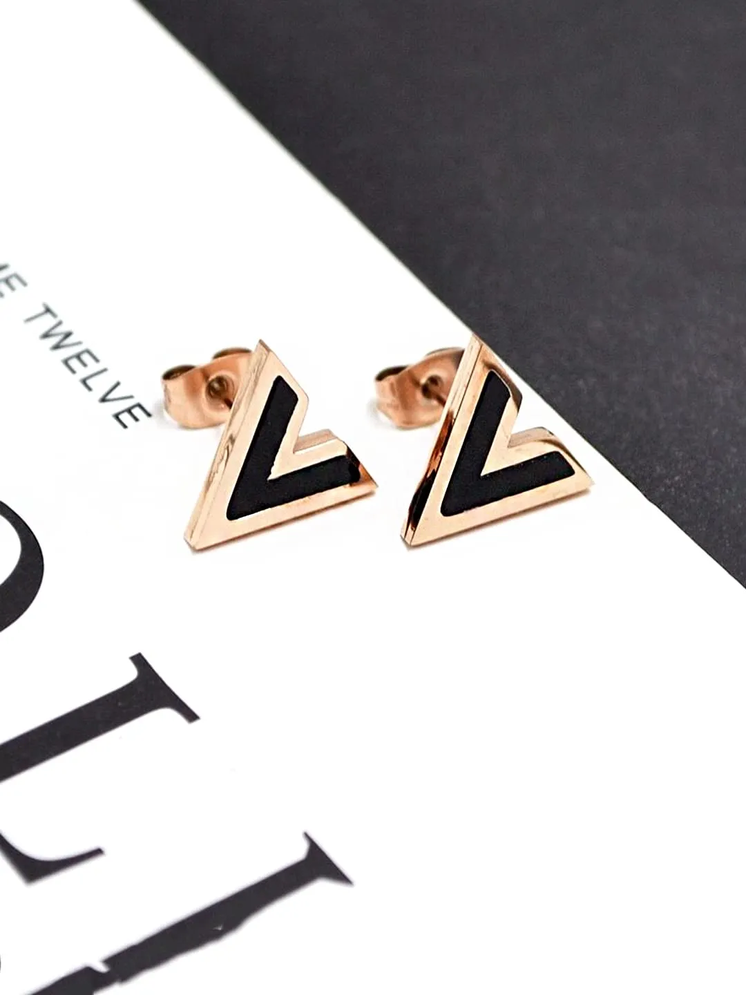 Yellow Chimes Stud Earrings for Women Western Rose Gold Plated Stainless Steel Black V-Shaped Studs Earrings For Women and Girls