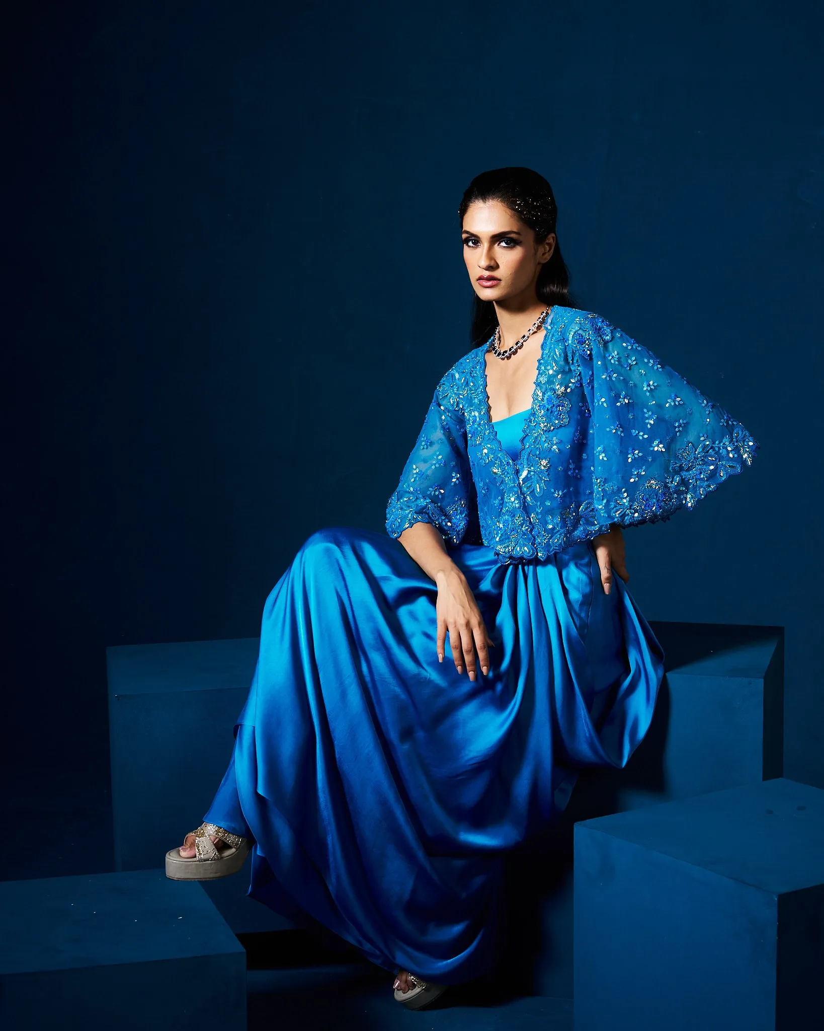 Zera Drape Skirt Set with Cape - Sapphire Blue
