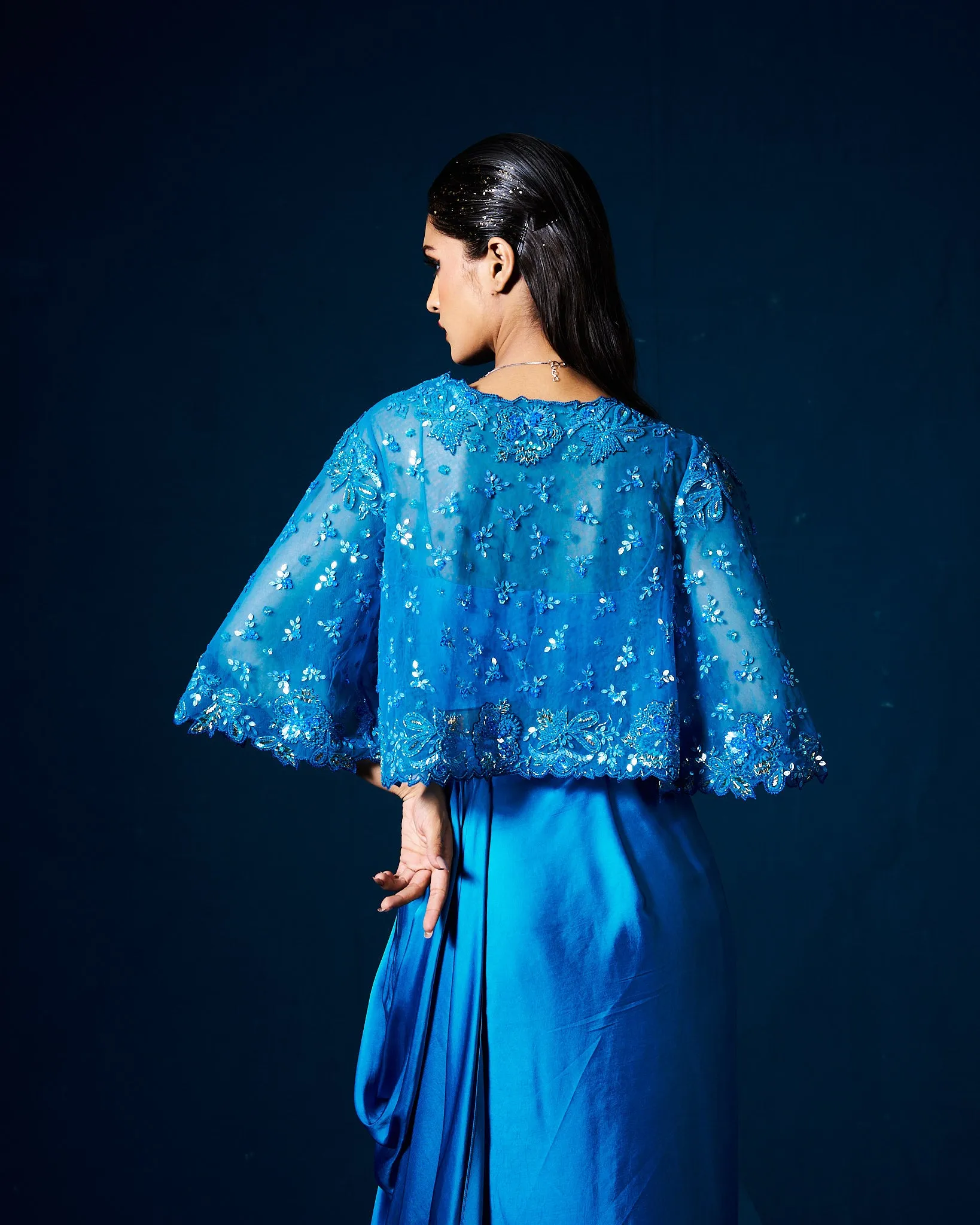 Zera Drape Skirt Set with Cape - Sapphire Blue